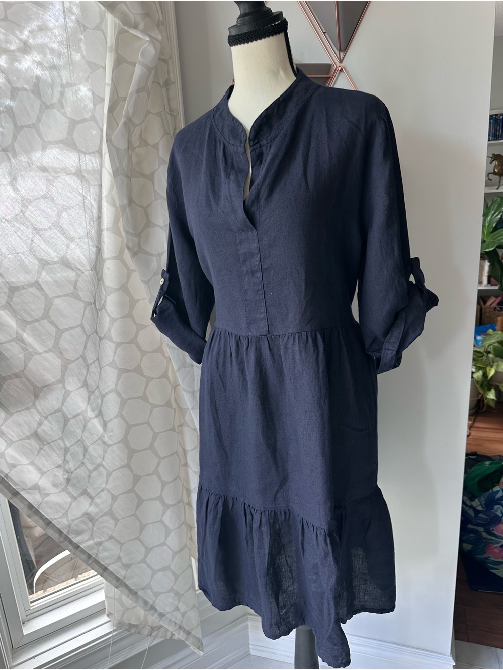 MADE IN ITALY 🇮🇹  100% LINEN BELLAMBRA Navy Blue Long-Sleeve Tiered Dress Medium